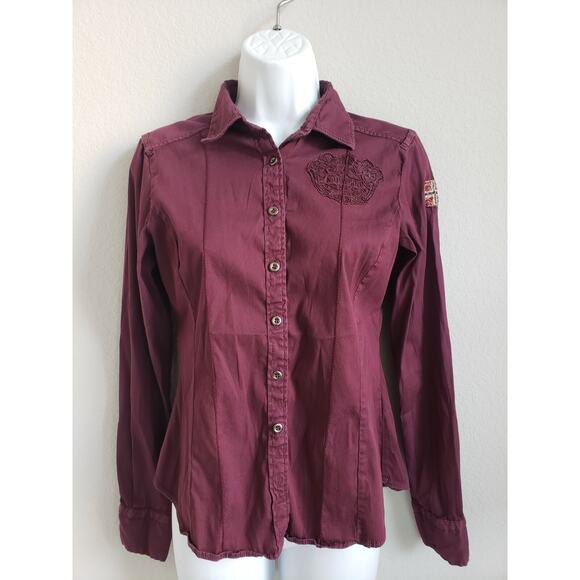 EUC Napapijri Maroon Logo Collared Button Down Cotton Blend Norway Flag Sz S - Picture 1 of 5